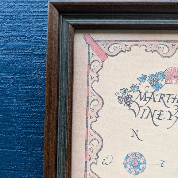 Rare Xandra Fisher Handmade Map Copyright 1979 Martha's Vineyard MA Framed